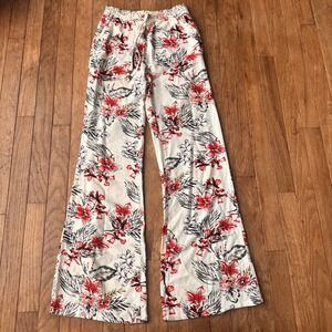 Cali 1850 Wide Leg Pants Womens XS Floral Linen Blend White Modern Vacation